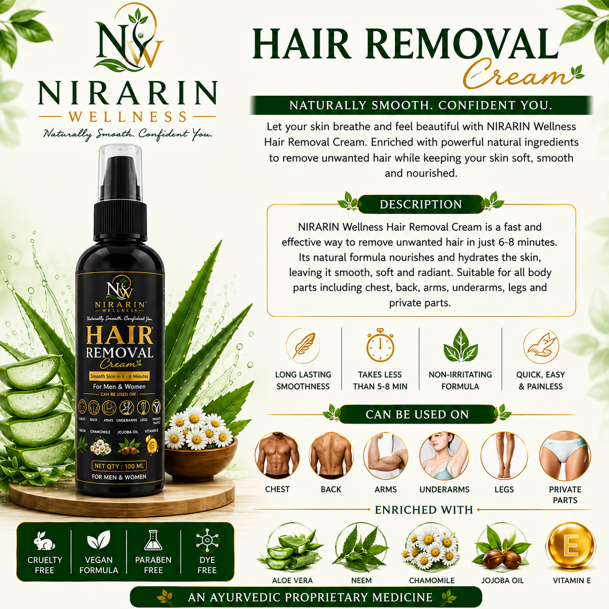 Nirarin Wellness Hair Removal Cream for Men & Women – 100 ML | Smooth Skin in 6–8 Minutes