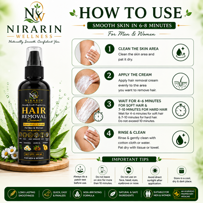 Nirarin Wellness Hair Removal Cream for Men & Women – 100 ML | Smooth Skin in 6–8 Minutes