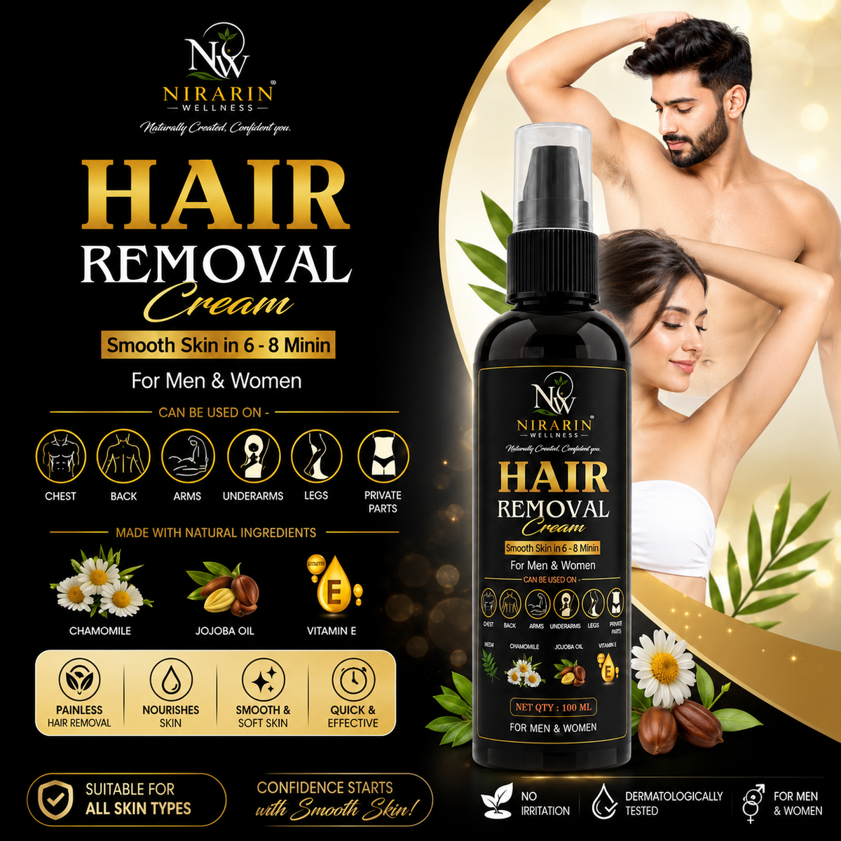 Nirarin Wellness Hair Removal Cream for Men & Women – 100 ML | Smooth Skin in 6–8 Minutes